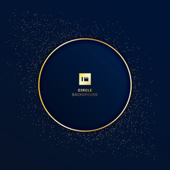 Wall Mural - Gold round badge on dark blue background with golden glitter.