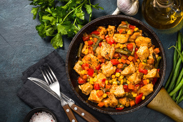 Wall Mural - Chicken stir fry with vegetables top view.