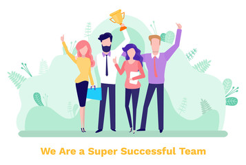 Winners workers holding award, man and woman employees standing together. Business cooperation and success, teamwork strategy, company leadership. Vector illustration in flat cartoon style