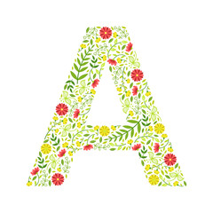 Sticker - Capital Letter A, Green Floral Alphabet Element, Font Uppercase Letter Made of Leaves and Flowers Pattern Vector Illustration