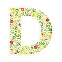 Wall Mural - Capital Letter D, Green Floral Alphabet Element, Font Uppercase Letter Made of Leaves and Flowers Pattern Vector Illustration