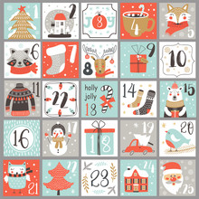 Christmas Advent Calendar With Hand Drawn Elements. Xmas Poster. Vector