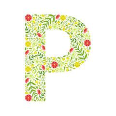 Sticker - Capital Letter P, Green Floral Alphabet Element, Font Uppercase Letter Made of Leaves and Flowers Pattern Vector Illustration