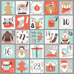 Wall Mural - christmas advent calendar with hand drawn elements. xmas poster. vector