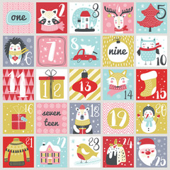 Wall Mural - christmas advent calendar with hand drawn elements. xmas poster. vector