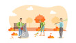 People Volunteers Cleaning up Autumn Leaves in the City Park Vector Illustration