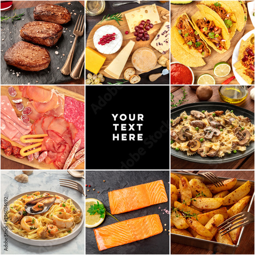 Food Collage. Many photos of tasty dishes, a square design template for a banner, flyer, or restaurant menu, with a place for text