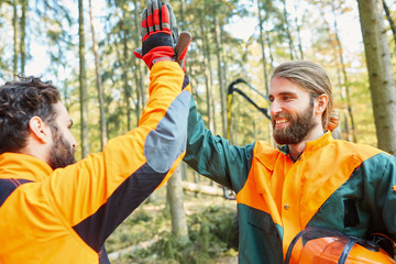 Poster - Zwei Waldarbeiter motivieren sich mit High Five