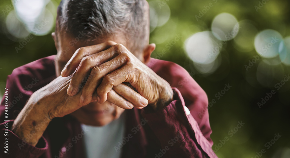 senior man covering his face with his hands. Depression and anxiety Copy space. - obrazy, fototapety, plakaty 