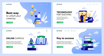 Vector flat online education landing page template set. Illustration for university, course, mooc, library, learning system. Concept of global way to impovement Design for website, app, banner, poster