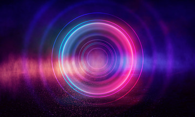Wall Mural - neon circle on a dark street background, wet asphalt. blue neon, smoke, smog. night view of a street