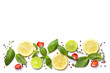 Citrus fruits with different spices on white background