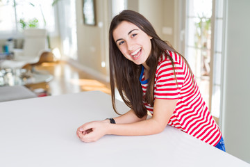 Wall Mural - Beautiful young brunette woman smiling cheerful looking at the camera with a big smile on face showing teeth