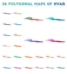 Wall Mural - Set of vector polygonal maps of Hvar. Bright gradient map of island in low poly style. Multicolored Hvar map in geometric style for your infographics.