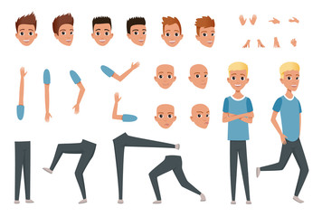 Young man character constructor with body parts legs, arms, hand gestures. Angry, dissatisfied, surprised and calm face expression. Full length boy. Stylish hairstyles. Flat vector.