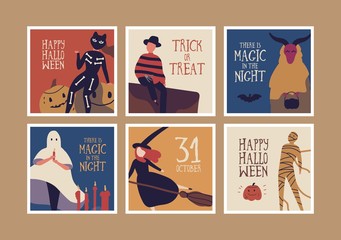 Wall Mural - Halloween night banner vector templates set. Autumn holiday greeting cards, festive postcards designs pack. October tradition, seasonal celebration. Horror characters illustrations with typography.