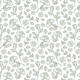 Fototapeta Dinusie - Hand Drawn Roses, Mimicking Folk Embroidery Stitches, on Dark Blue Background Floral Seamless Pattern