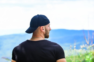 Power of nature. Discover world. Masculinity and male energy. Man muscular bodybuilder mountain landscape background. Natural power. Masculine power. Tourist walking mountain hill. Hiking concept