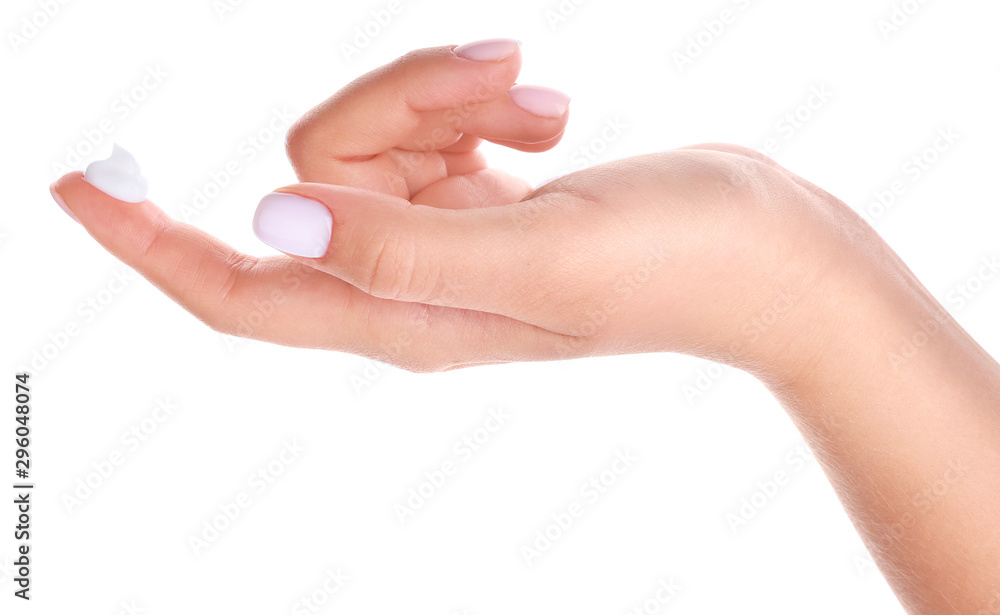 Female hand with cream isolated on white