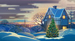 Festive winter landscape with a village and decorated Christmas tree. Raster illustration.