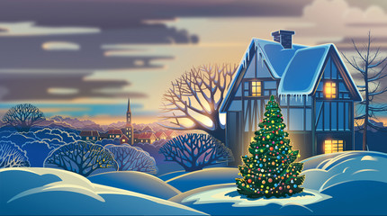 Wall Mural - Festive winter landscape with a village and decorated Christmas tree. Raster illustration.