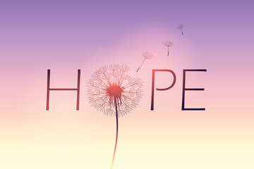 hope typography with dandelion on purple sky background vector illustration EPS10