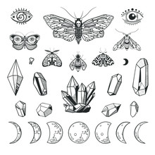 Mystical Set With Butterflies, Crystals And Moon Phases. Boho Style Vector Illustrations Isolated On White. Wiccan Symbols And Objects.