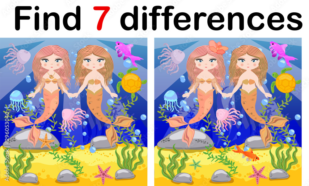ภาพประกอบ Stock Find differences, game for children, mermaid underwater ...