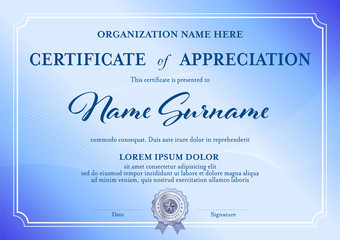 Wall Mural - Classic certificate of appreciation template. blue color diploma award template.