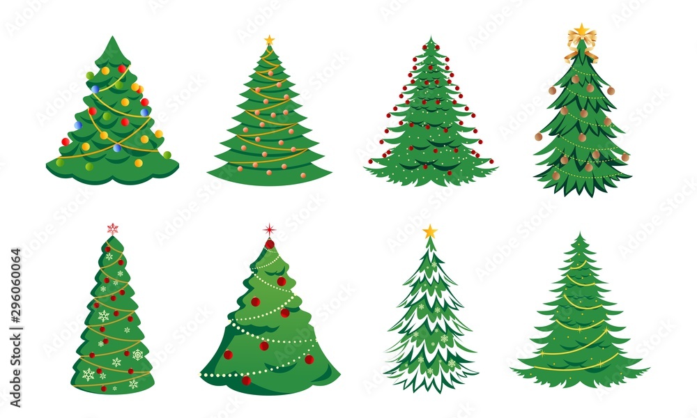 Set of christmas tree silhouette with decorations, vector illustration isolated on white background, template for design, greeting card, invitation. - obrazy, fototapety, plakaty 
