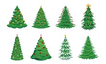 Set Of Christmas Tree Silhouette With Decorations, Vector Illustration Isolated On White Background, Template For Design, Greeting Card, Invitation.