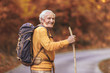 © Mediteraneo - Senior man hiking in autumn forest.