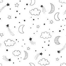 Hand Drawn Night Sky Vector Pattern With Linead Doodle Moon, Stars And Clouds. Cute Night Sky Seamless Background. 