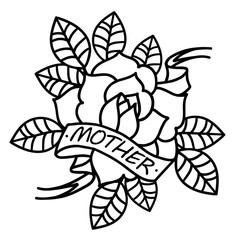 Sticker - Rose tattoo with ribbon and word Mom and Mother. Vector illustration art.