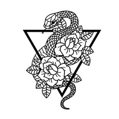 Poster - Tattoo with rose and snake with sacred geometry frame. Roses Isolated vector illustration.