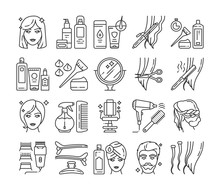 Hairdresser Service Line Icons Set. Professional Hair Styling. Beauty Industry. Pictograms For Web Page, Mobile App, Promo.