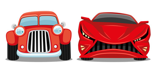 Wall Mural - Red retro car and modern car on a white background.