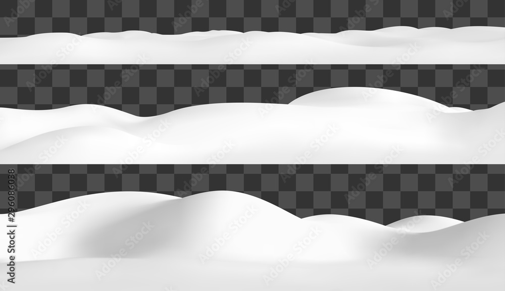 Realistic snow hills landscape. Vector snowdrift illustration. Winter background. - obrazy, fototapety, plakaty 