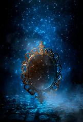 Wall Mural - dark night magic scene. magic old mirror in a metal frame, night lanterns. night view, smoke, magic,