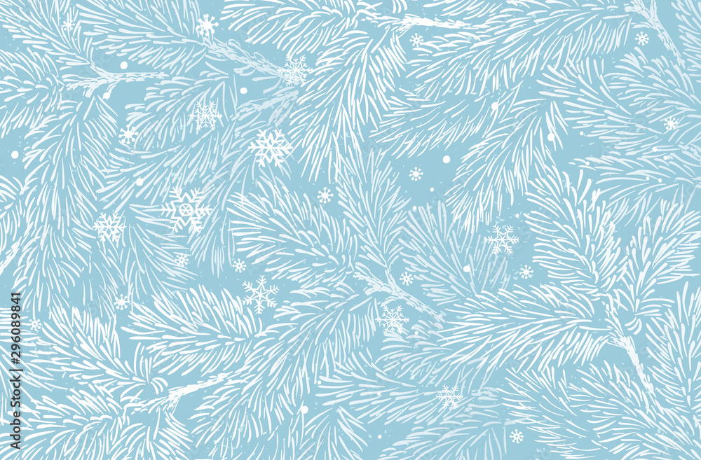 Winter holidays background with pine branches and snowflakes. Winter card design. - obrazy, fototapety, plakaty 
