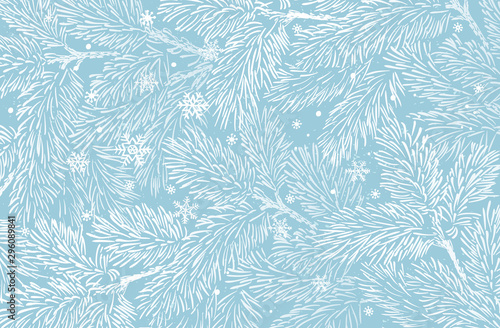 Fotomural Winter holidays background with pine branches and snowflakes