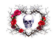 Heart Shape, Human Skull. Twigs, Rose Flowers. Watercolor In Grunge Gothic Style