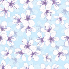  Seamless pattern with cherry flowers on blue background
