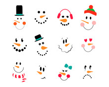 Vector Collection Of Cute Snowman Faces. Vector Snowman Set. Funny Cartoon Faces With Emotions And Hats, Heart, Scarf,bow. Snowman Emoticons.