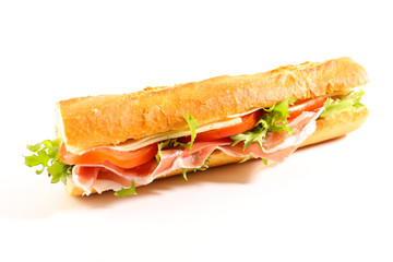 Wall Mural - bread baguette sandwich with tomato, cheese and ham