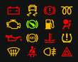 Car dashboard warning lights icons set. Vector illustration image. Vehicle service logo. Isolated on black background.