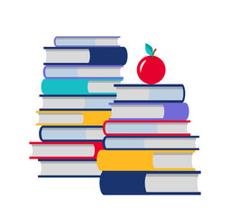 Color books stack with apple flat illustration, flat cartoon paper book stacked isolated image. Vector icon Eps 10