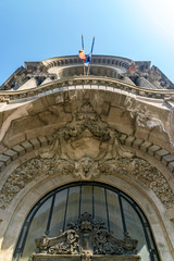 Canvas Print - Stock Exchange Palace building in Bucharest, Romania. Stock Exchange Palace on a sunny summer day with a blue sky in Romania