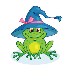 Sticker - Little funny green frog in a witch hat. Isolated on a white background. In cartoon style. Vector illustration.