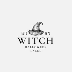 Wall Mural - premium witch halloween logo or label template. hand drawn hat sketch symbol with classy retro typog